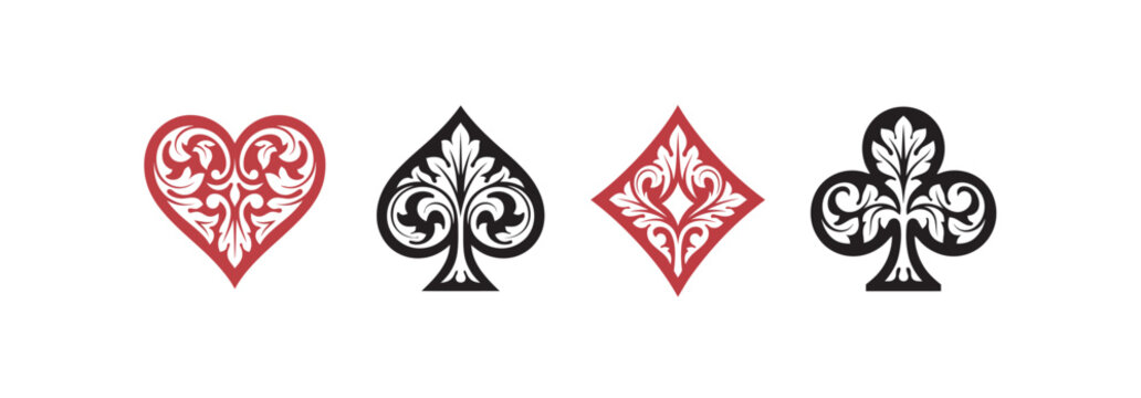 Set of four elegant playing card suits with intricate floral filigree patterns for casino design