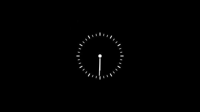 Minimal Analog Clock Animation on Black Background, White Time Indicator, Simple Round Clock Face, Time Concept Motion Graphics