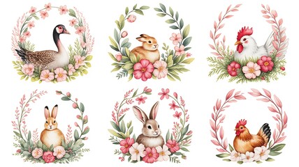 Naklejka premium Watercolor whimsical Wreaths set with hand painted goose, rabbit, chickens, pink and red flowers. Spring Frame perfect for greeting cards, invitation, easter designs.