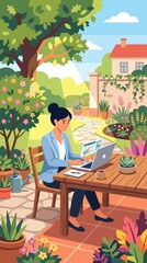 Obraz premium Young woman working outdoors on laptop in garden. Female professional freelancer using computer in sunny backyard terrace.
