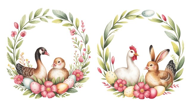 Watercolor whimsical Wreaths set with hand painted goose, rabbit, chickens, pink and red flowers. Spring Frame perfect for greeting cards, invitation, easter designs.