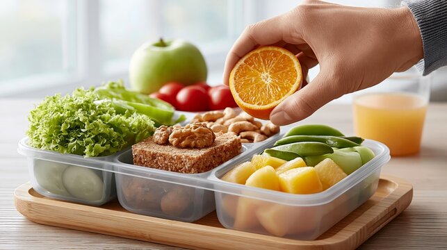 concept of dietary management and obesity prevention. Hand selecting fresh raspberries from a healthy snack platter with assorted fruits, nuts, and vegetables on a wooden table