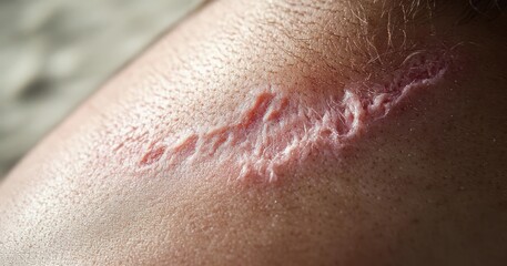 Fototapeta premium close-up of a raised pink healing scar on sunlit shoulder skin, textured and resilient