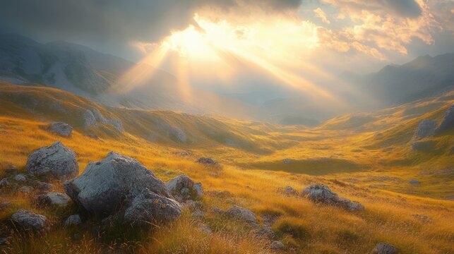 sunbeams breaking through clouds over a golden grassy mountain valley with scattered rocks and misty distant peaks, serene tranquil mood