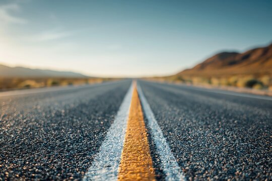 Asphalt road with yellow center line stretching into the distance, surrounded by mountains and clear blue sky in a desert landscape