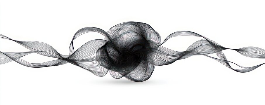 elegant black flowing ribbons forming a central knotted swirl with wave-like strands on a white background, mysterious and calm