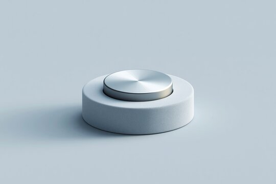 Modern round metallic button on a smooth gray surface, showcasing a minimalist design suitable for various applications in technology and product design