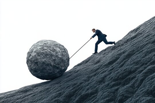 Determined man in a suit straining to pull a massive boulder up a steep rocky slope with a rope, conveying struggle, perseverance and burden