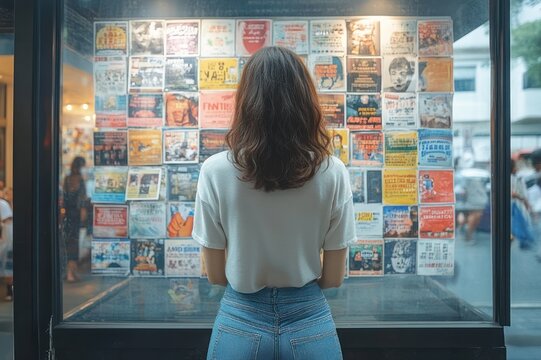 Woman standing with her back to camera, gazing at a glass display of colorful event posters and flyers on a city sidewalk in warm evening light, thoughtful and curious
