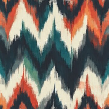 vibrant blurred chevron textile pattern with zigzag brushstroke bands in teal, navy, cream and orange conveying energetic warm motion