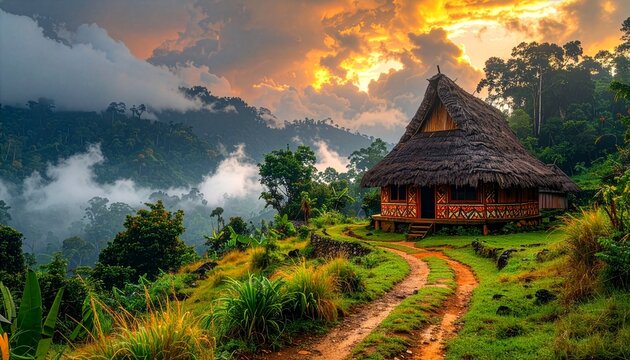 Sunset paints sky in golden hues above misty mountains. Traditional hut rests on grassy hillside, surrounded by lush greenery. Winding dirt path leads toward shelter, inviting quiet exploration