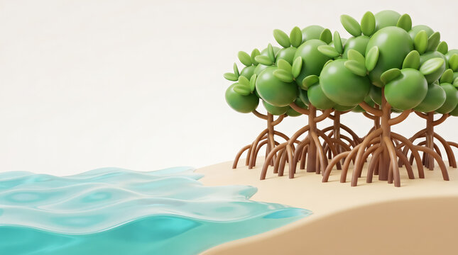 Clean 3D illustration of a dense mangrove forest on a sandy coastline protecting the shore from ocean waves