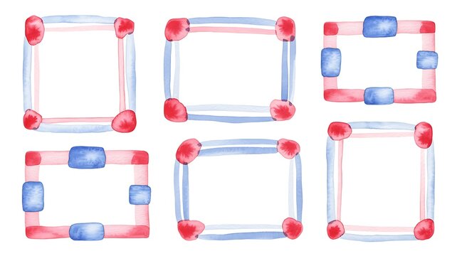 Whimsical watercolor background frames set with light blue stripes, red and blue rectangles. Perfect for backgrounds, stationery, packaging, Valentine's Day 