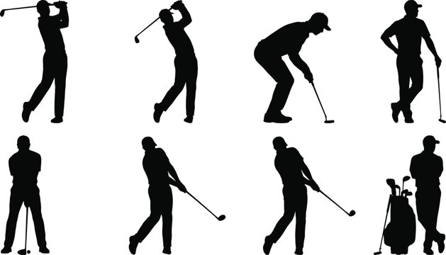 Golf player silhouette collection, professional athlete icons, sports action, swinging, putting, hitting, driving, tournament competition, championship match, athletic exercise.