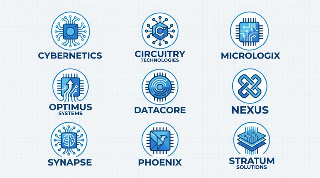 Modern Technology Logos: Circuitry, Microchips, Data, Cybernetics, Nexus, Phoenix, Synapse, Optimus, Stratum
