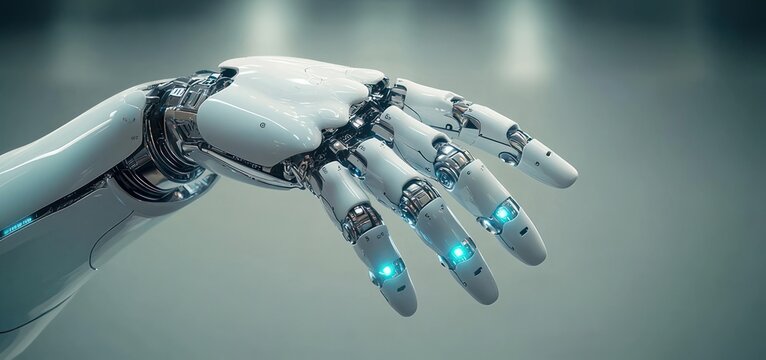 sleek white robotic hand with exposed metallic joints and glowing blue fingertip lights, extended in a soft-lit sterile space conveying precision and futuristic calm