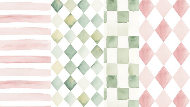 Whimsical watercolor backgrounds set with light pink stripes, green check and diamond pattern. Perfect for backgrounds, stationery, packaging, Valentine's Day, Christmas designs, Wedding Invitations. 