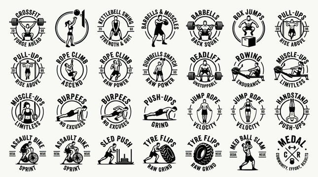 Fitness Workout Icons Set: Crossfit, Weightlifting, Cardio, Strength Training Exercises & Sports Badges