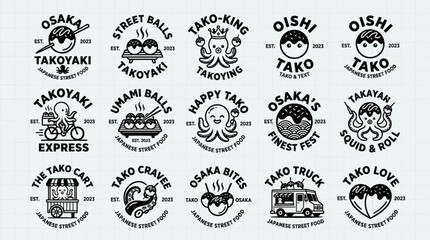 Fototapeta premium Japanese Street Food Logos: Takoyaki, Octopus, and Food Truck Collection