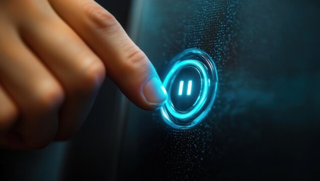 close-up of fingertip pressing a glowing blue circular pause button on a textured dark surface conveying calm control and focus