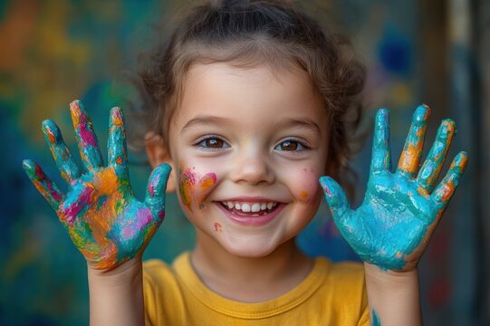 Child with colorful painted hands raised to the camera, wearing a yellow shirt, playful joyful messy art activity with blurred face and vibrant background
