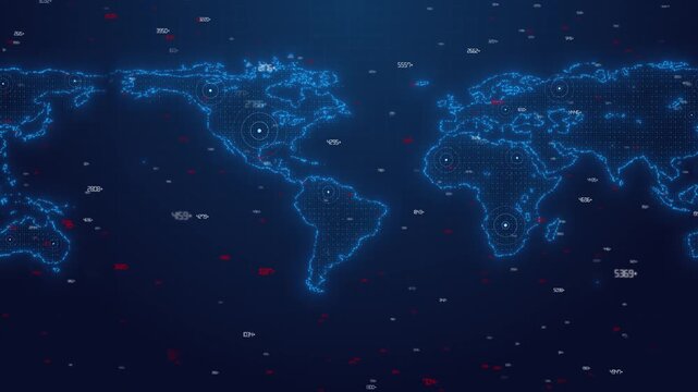 Digital world map analytics visual with blue dotted continents, red white data numbers, and target markers. Perfect for business reports, global dashboards, news screens, and overlays.