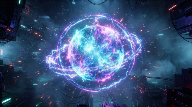Abstract glowing energy sphere with futuristic technology background