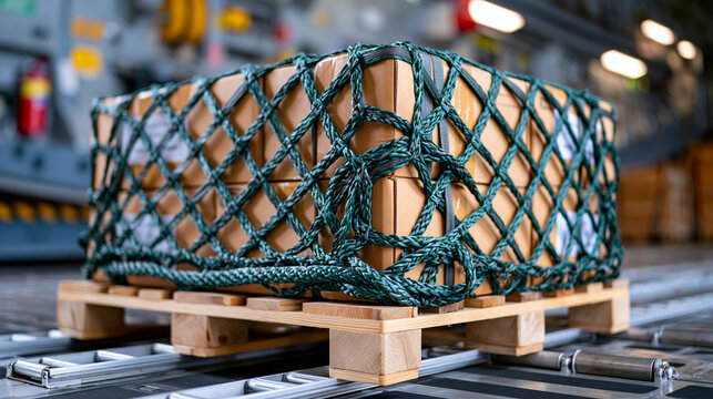 Close up of stacked cardboard freight boxes wrapped in a green cargo restraint net inside a military air transport aircraft, wooden pallet resting on aluminum floor rails, realistic logistics infras