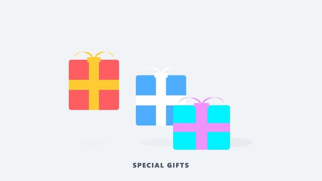 Three colorful gift boxes bouncing above special gifts text