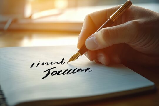 Hand holding a gold-nib fountain pen writing flowing cursive in a notebook on a wooden desk bathed in warm sunlight, evoking calm focused creativity