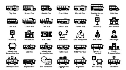 Public transportation bus icons and transit symbols set with transportation © MAJHARULISLAM
