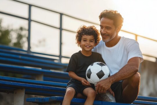 father and young son sitting on blue stadium bleachers holding a soccer ball, smiling warmly in golden sunlight and sharing a joyful bonding moment