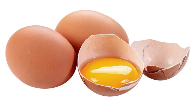 Isolated raw brown eggs, one cracked open showcasing vibrant orange yolk inside the shell