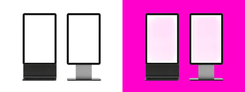 Two vertical digital advertising display screens with white blank screens for mockup, isolated on a white background, 3d rendered isolated on a transparent background