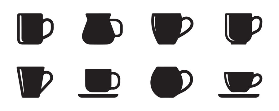 Set of various coffee mugs and ceramic cups silhouettes for cafe menu branding design isolated on grid.