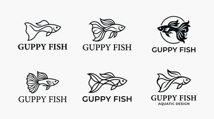 Obraz premium Collection of Six Minimalist Guppy Fish Logos and Icons, Black and White Vector Art for Aquatic Design