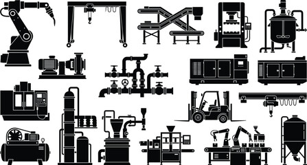 Obraz premium Vector collection of industrial machinery silhouette icons including robotic arms, conveyor systems, pumps, valves, tanks, forklifts, and assembly lines