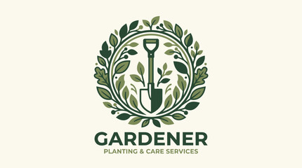 Obraz premium Gardener Planting & Care Services Logo: Shovel and Greenery Emblem