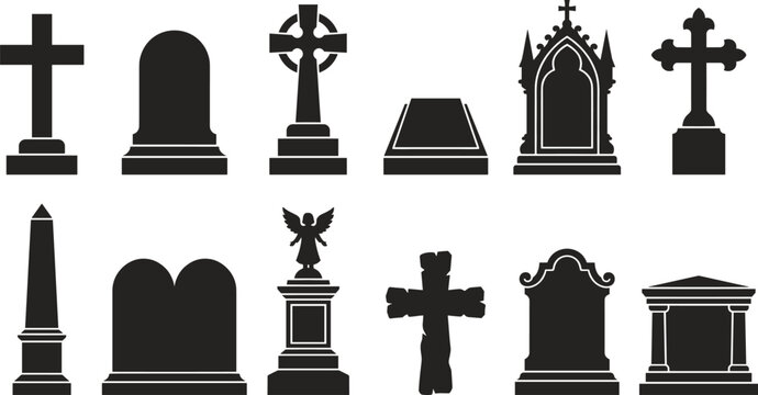 Gravestone and headstone silhouettes featuring christian crosses, obelisk, angel statue, and gothic tombstone shapes for cemetery or graveyard design, set