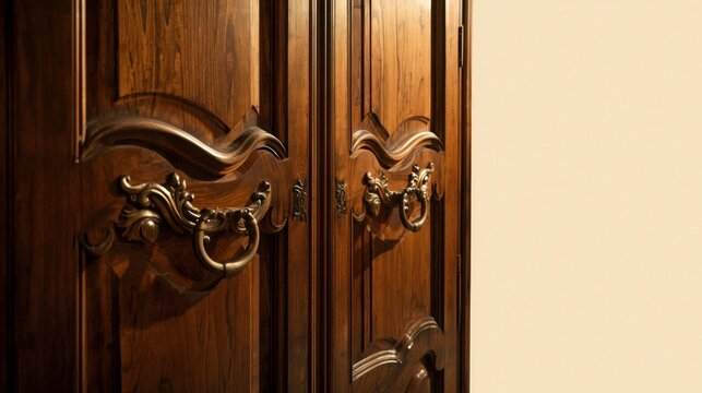 Vintage wooden wardrobe with ornate carved handles in warm indoor lighting
