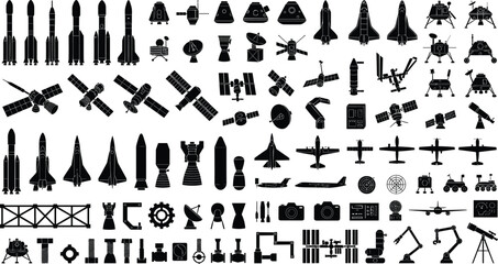 Vector collection of space exploration silhouette icons including rockets, satellites, shuttles, lunar landers, telescopes, and robotic arms © Mst