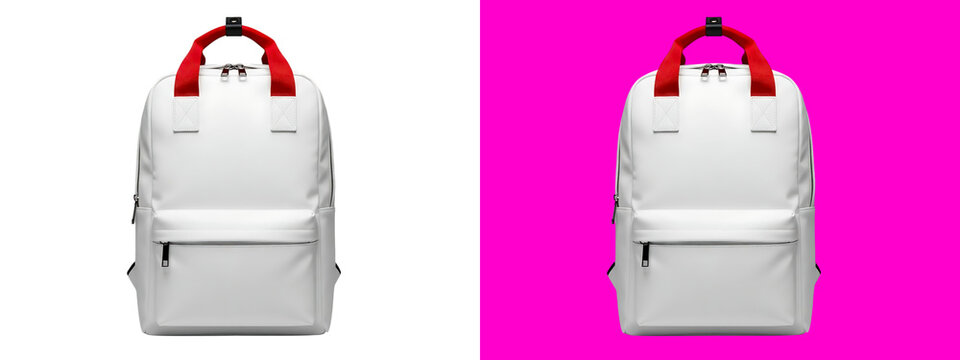 White backpack with red straps and handles, isolated on a white background, school or travel bag for personal books, and accessories isolated on a transparent background
