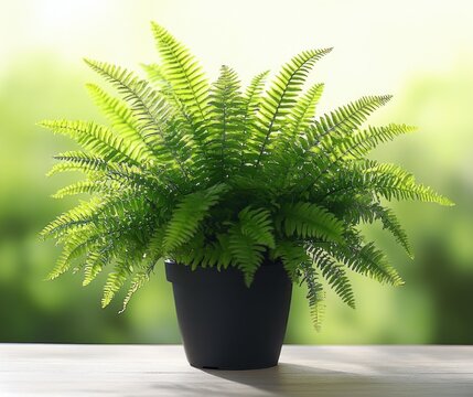 Lush green potted fern on a wooden table with soft sunlight and blurred green bokeh background, evoking calm fresh tranquility