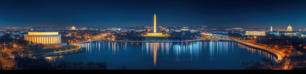 Nighttime panoramic cityscape with illuminated reflecting pool, central tall obelisk, classical columned memorial, domed monument, glowing skyline and serene reflective water © zhuan