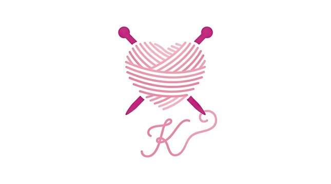 Pink yarn heart logo with knitting needles.