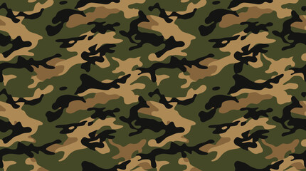 Fototapeta premium Seamless Woodland Camouflage Pattern - Military Green, Brown, and Black Abstract Texture