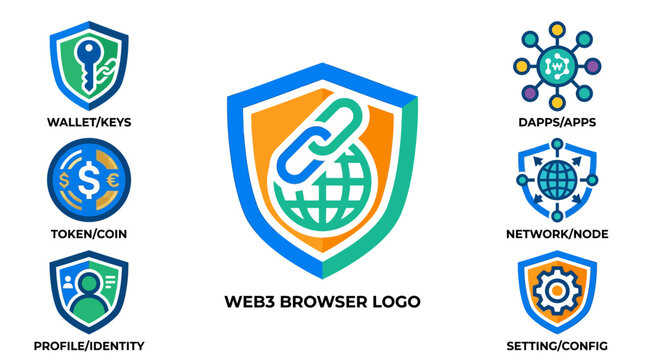 Web3 browser and secure blockchain technology icon collection.