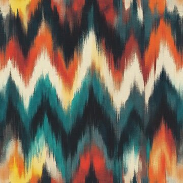vibrant hand-dyed zigzag ikat fabric pattern with blurred brushstroke chevrons in teal, orange, red, cream and navy conveying energetic bohemian warmth