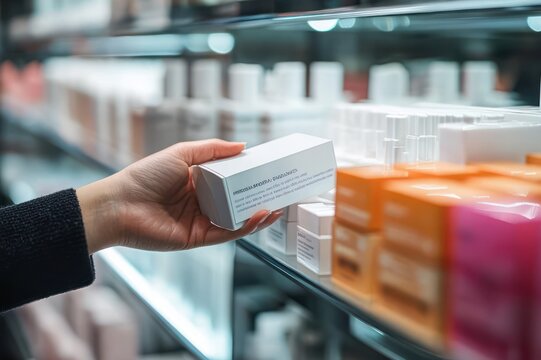 Hand holding and examining a white skincare box on a store shelf amid rows of colorful cosmetic packages, a thoughtful shopping moment