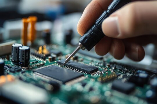 close-up of a hand using a precision probe on a microchip and circuit board conveying focused careful electronics testing and repair